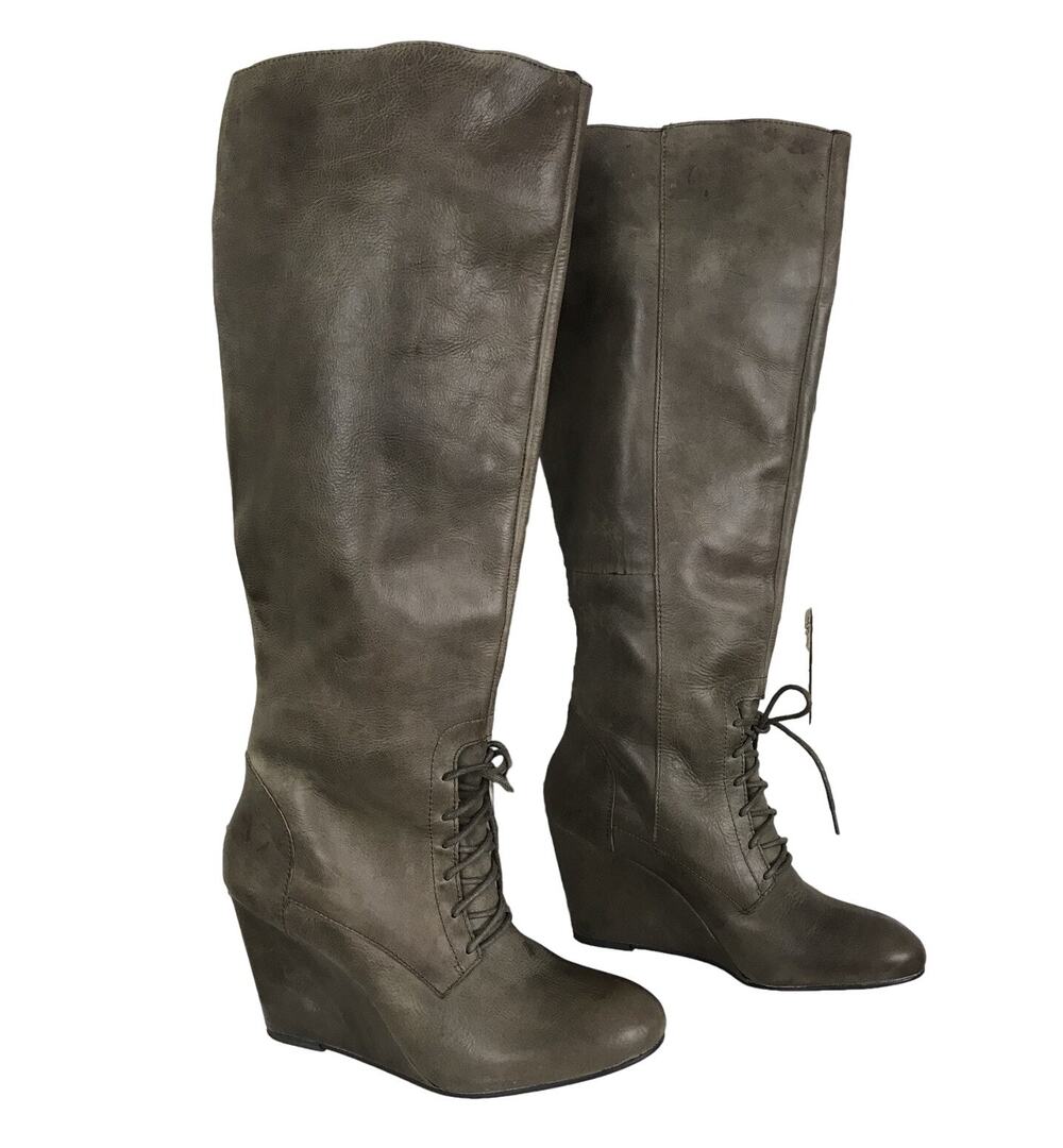 Steve Madden LUXE Taupe Light Brown Tall Leather Lacer Up Pull On Wedge Boots 9